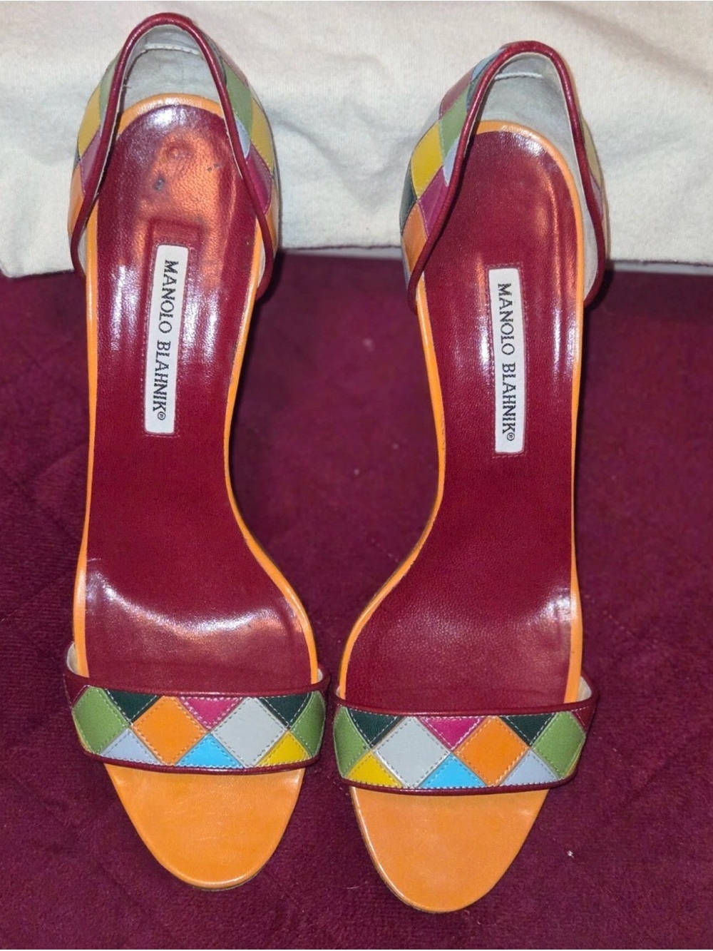 Manolo Blahnik Multicolor Leather Slingback Heels with Orange Footbed